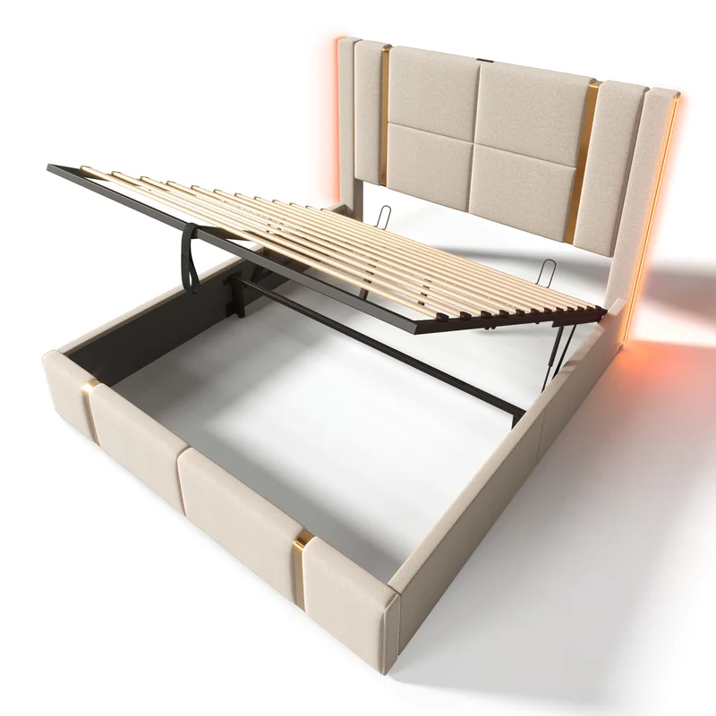 Lit coffre queen capitonné lin beige avec éclairage LED et ports usb/type-c (Matelas non inclus) STARPEAK