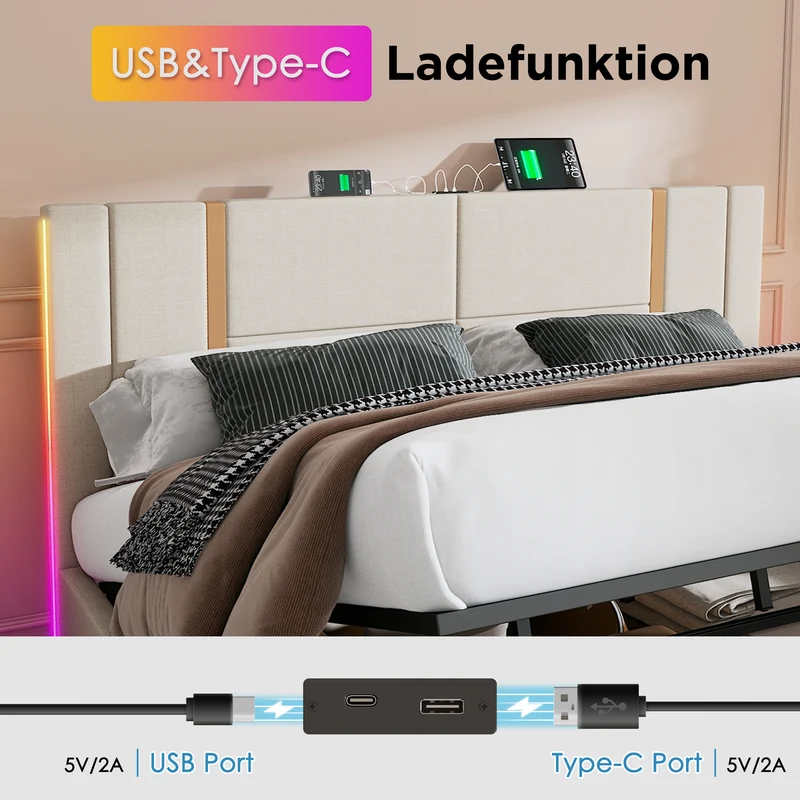 Lit coffre queen capitonné lin beige avec éclairage LED et ports usb/type-c (Matelas non inclus) STARPEAK