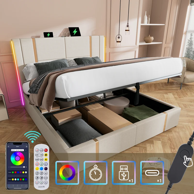 Lit coffre queen capitonné lin beige avec éclairage LED et ports usb/type-c (Matelas non inclus) STARPEAK