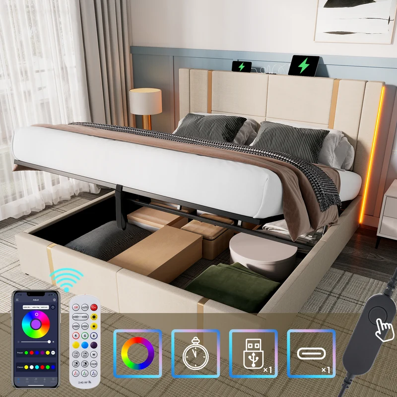 Lit coffre queen capitonné lin beige avec éclairage LED et ports usb/type-c (Matelas non inclus) STARPEAK