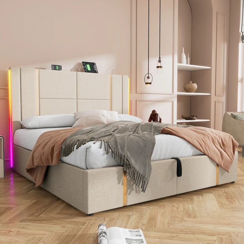Lit coffre queen capitonné lin beige avec éclairage LED et ports usb/type-c (Matelas non inclus) STARPEAK