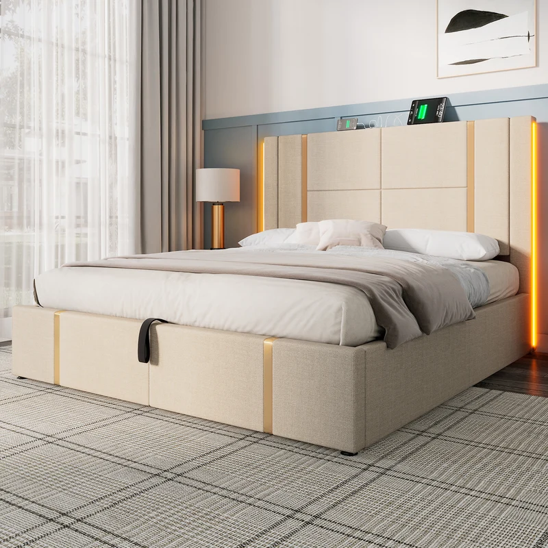 Lit coffre queen capitonné lin beige avec éclairage LED et ports usb/type-c (Matelas non inclus) STARPEAK