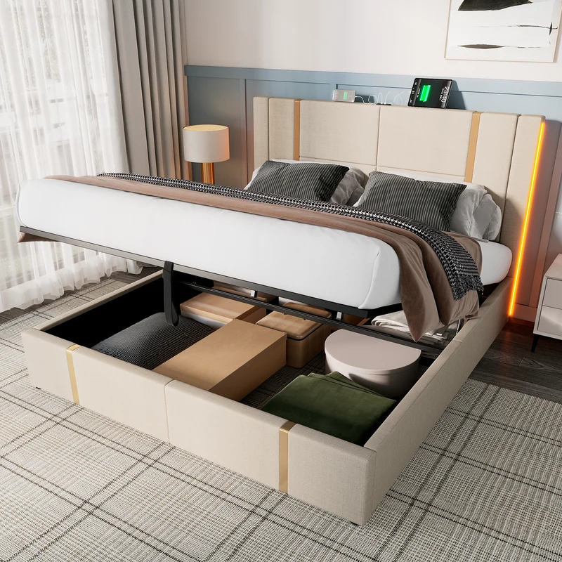 Lit coffre queen capitonné lin beige avec éclairage LED et ports usb/type-c (Matelas non inclus) STARPEAK