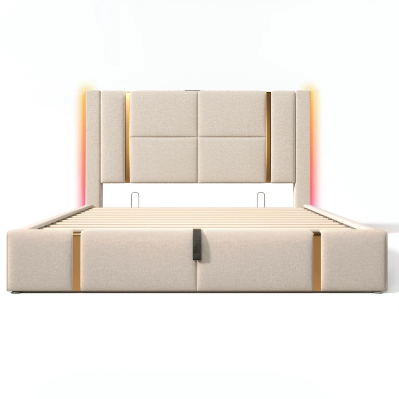 Lit coffre queen capitonné lin beige avec éclairage LED et ports usb/type-c (Matelas non inclus) STARPEAK