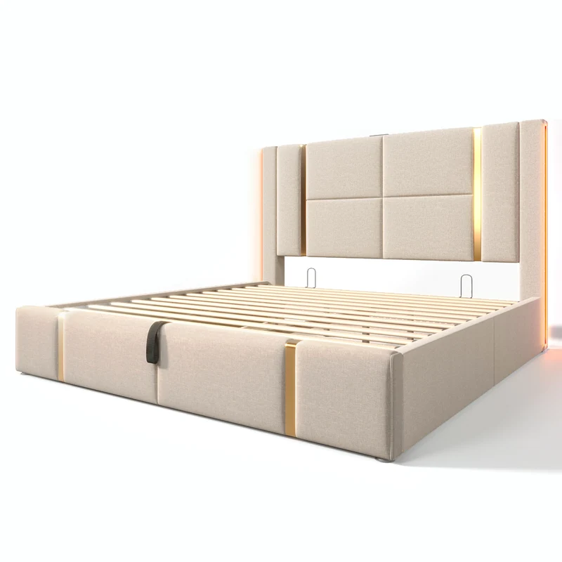 Lit coffre queen capitonné lin beige avec éclairage LED et ports usb/type-c (Matelas non inclus) STARPEAK