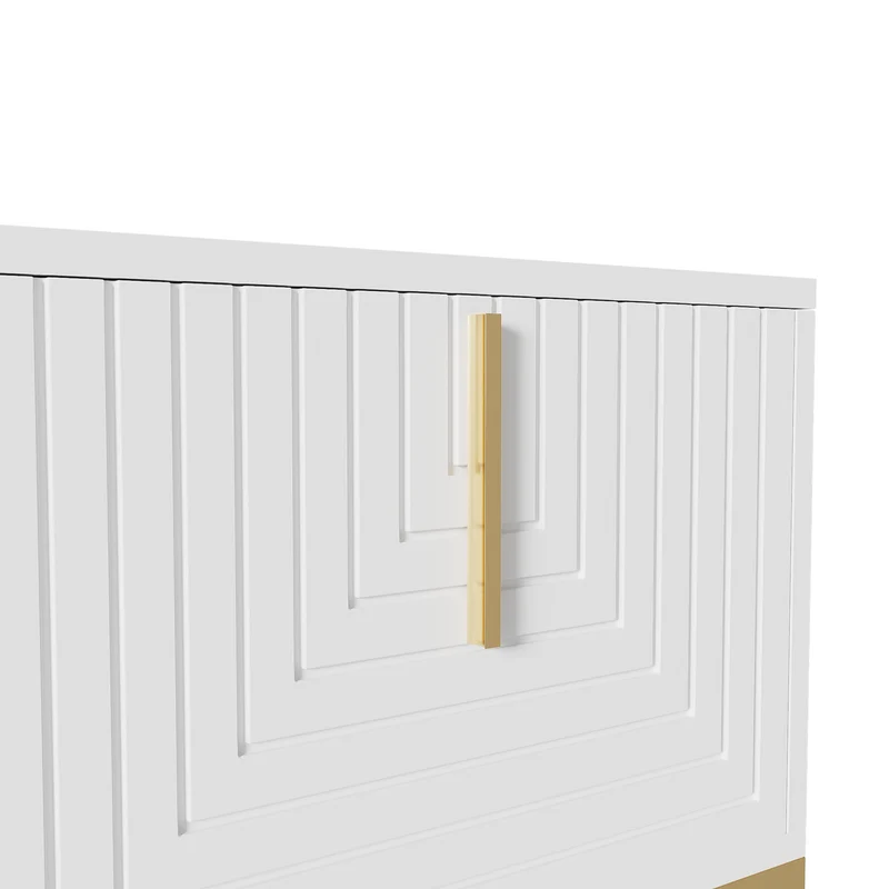 Meuble TV blanc façades texturées 4 portes, poignées et pieds dorés PRODUCER