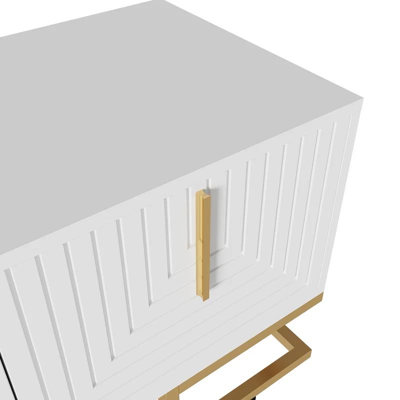 Meuble TV blanc façades texturées 4 portes, poignées et pieds dorés PRODUCER