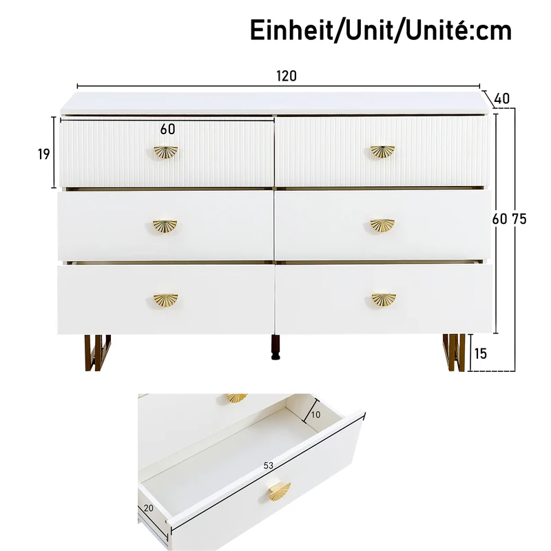 Buffet élégant crème à 6 tiroirs avec façades rainurées et poignées dorées - style contemporain ALTOCRYPT