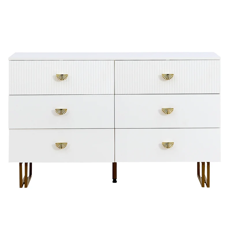 Buffet élégant crème à 6 tiroirs avec façades rainurées et poignées dorées - style contemporain ALTOCRYPT