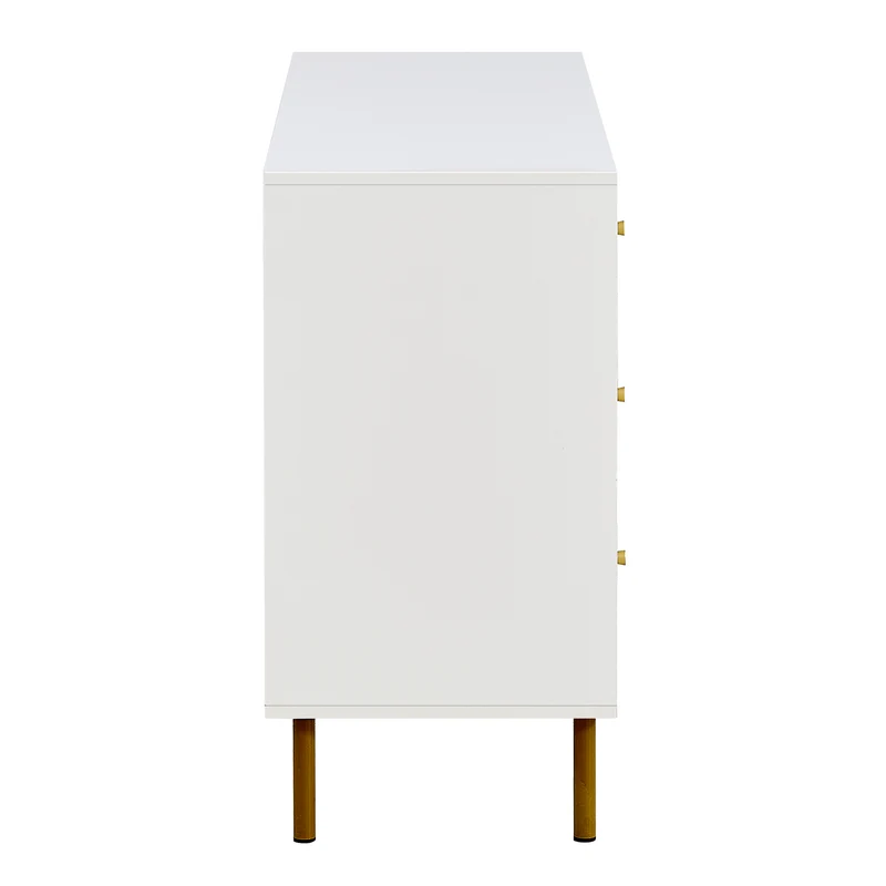 Buffet modern blanc à 6 tiroirs avec façades texturées et poignées dorées CHROMAFLASH