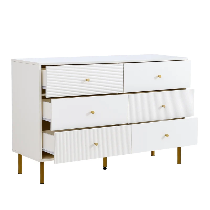 Buffet modern blanc à 6 tiroirs avec façades texturées et poignées dorées CHROMAFLASH