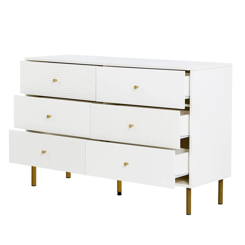 Buffet modern blanc à 6 tiroirs avec façades texturées et poignées dorées CHROMAFLASH