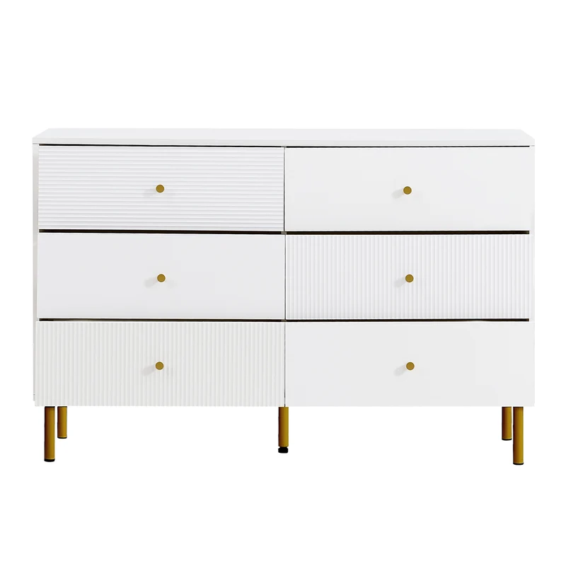 Buffet modern blanc à 6 tiroirs avec façades texturées et poignées dorées CHROMAFLASH