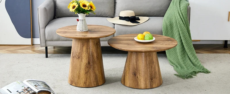 Ensemble de 2 tables basses gigognes rondes effet bois (50×48 cm & 60×35 cm) CYPRESSARA