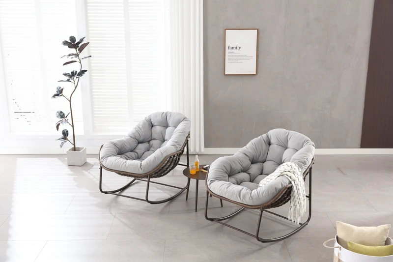 Fauteuil à bascule XXL en rotin, coussin épais, gris clair ARISEARA