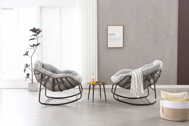 Fauteuil à bascule XXL en rotin, coussin épais, gris clair ARISEARA