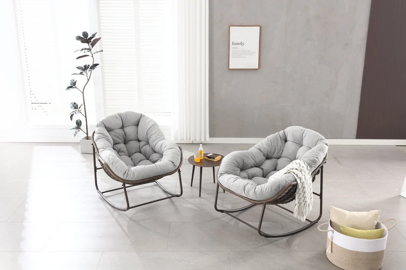 Fauteuil à bascule XXL en rotin, coussin épais, gris clair ARISEARA