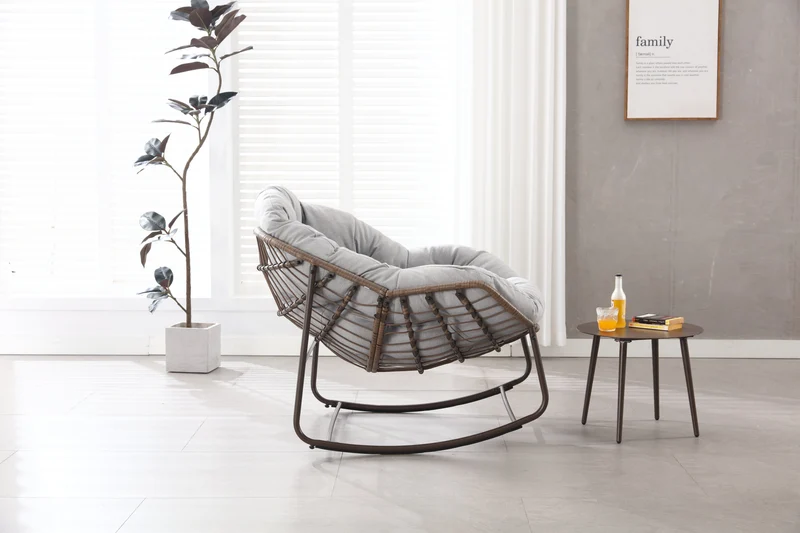 Fauteuil à bascule XXL en rotin, coussin épais, gris clair ARISEARA