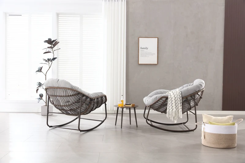 Fauteuil à bascule XXL en rotin, coussin épais, gris clair ARISEARA