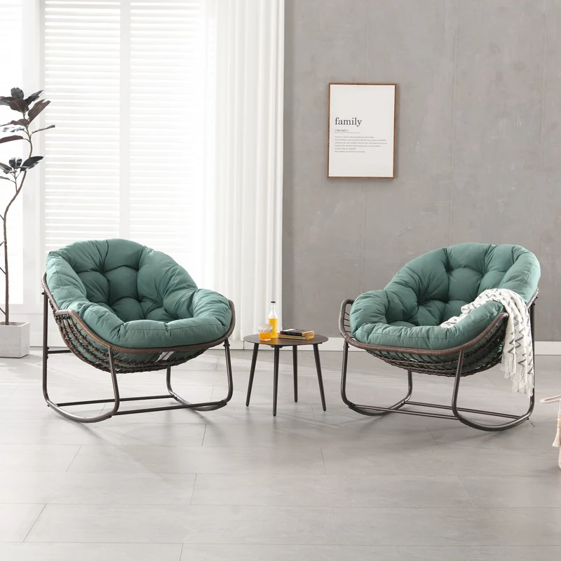 Fauteuil à bascule XXL en rotin, coussin épais, vert sauge SOLSTICEICA