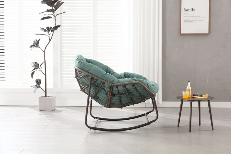 Fauteuil à bascule XXL en rotin, coussin épais, vert sauge SOLSTICEICA