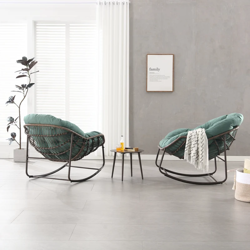 Fauteuil à bascule XXL en rotin, coussin épais, vert sauge SOLSTICEICA