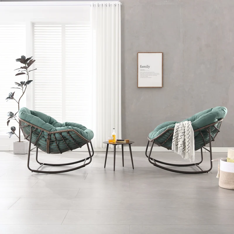Fauteuil à bascule XXL en rotin, coussin épais, vert sauge SOLSTICEICA