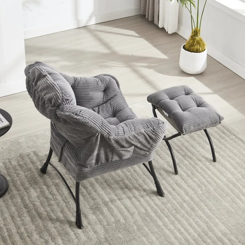Fauteuil relax avec repose-pieds en flanelle grise, accoudoirs, poche latérale SERENELV