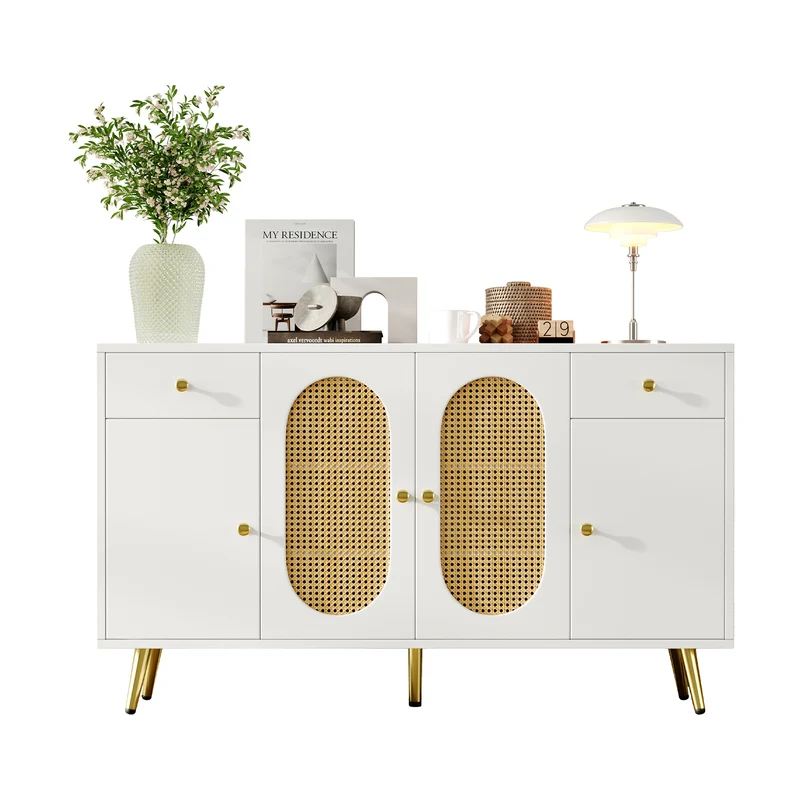 Buffet blanc rotin 2 tiroirs 4 portes 140x35x82cm HALOORA