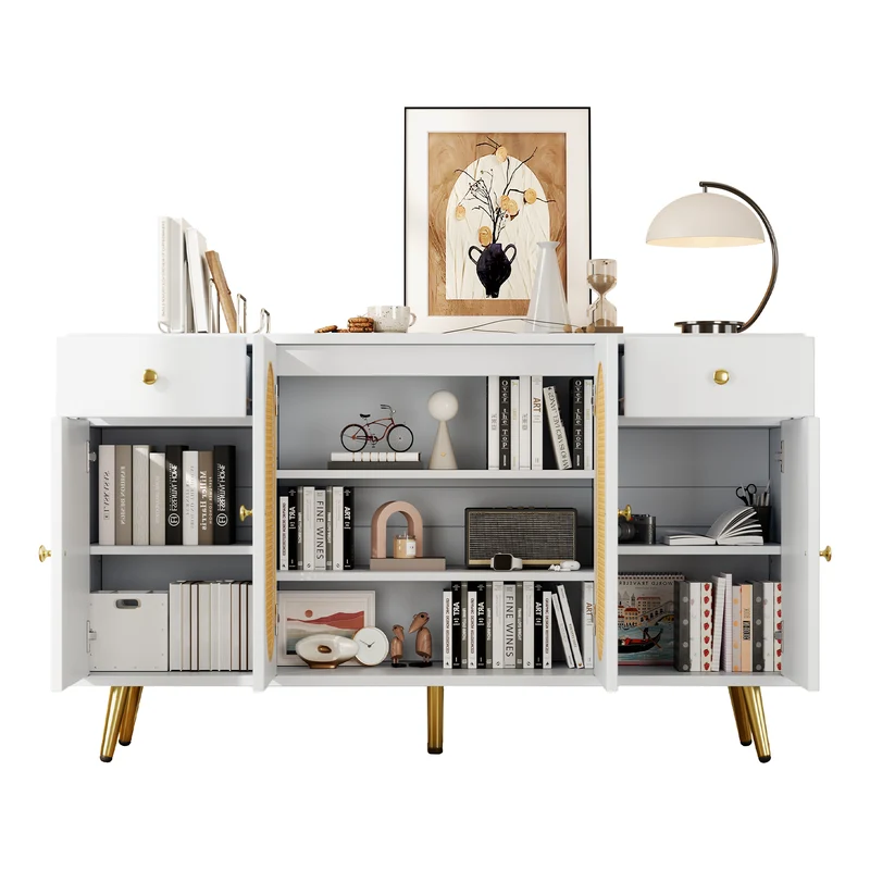 Buffet blanc rotin 2 tiroirs 4 portes 140x35x82cm HALOORA