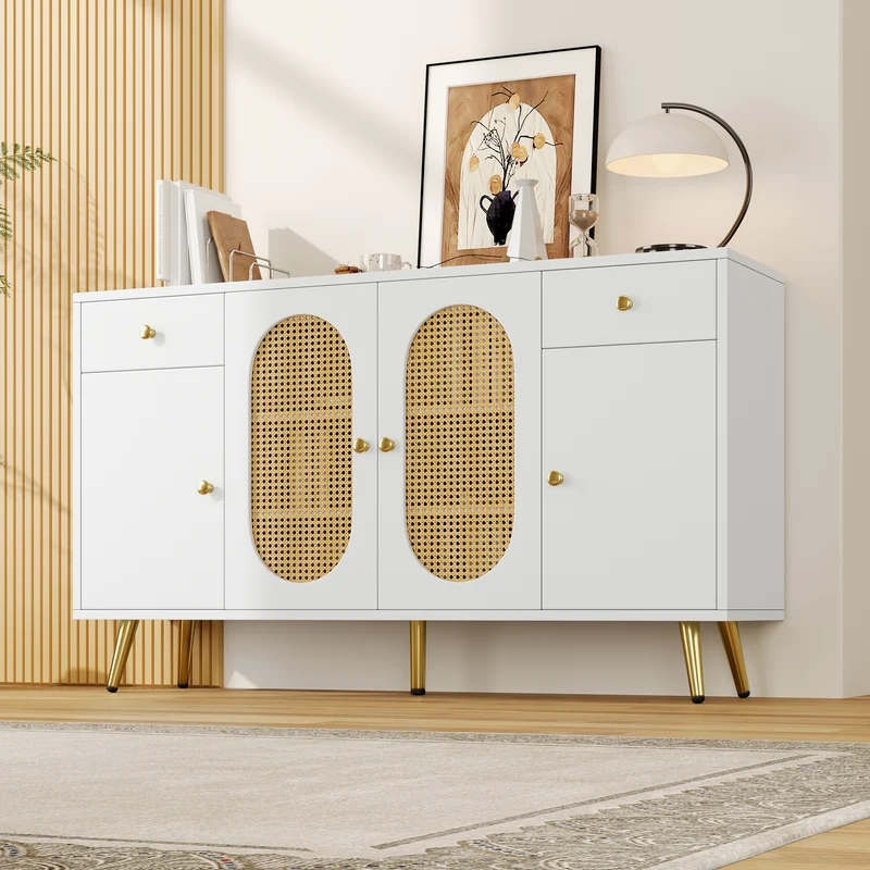 Buffet blanc rotin 2 tiroirs 4 portes 140x35x82cm HALOORA