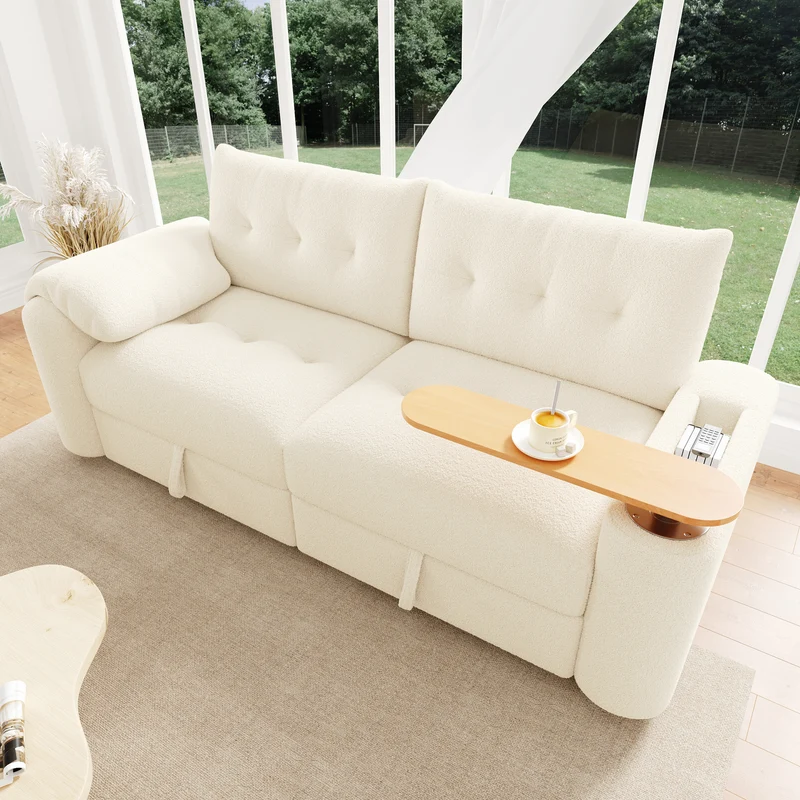 Canapé modulable 2-3 places en bouclé beige avec coffre de rangement et tablette pivotante MYSTICLAM
