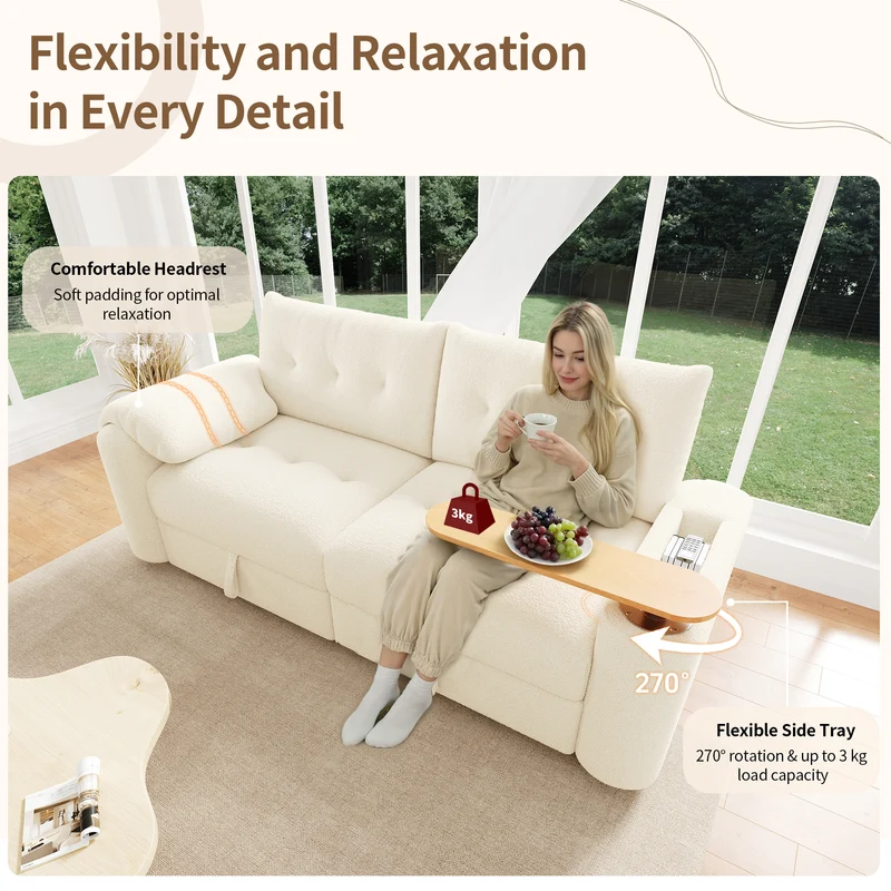 Canapé modulable 2-3 places en bouclé beige avec coffre de rangement et tablette pivotante MYSTICLAM