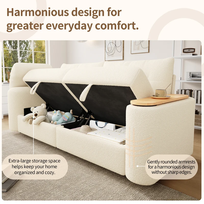 Canapé modulable 2-3 places en bouclé beige avec coffre de rangement et tablette pivotante MYSTICLAM