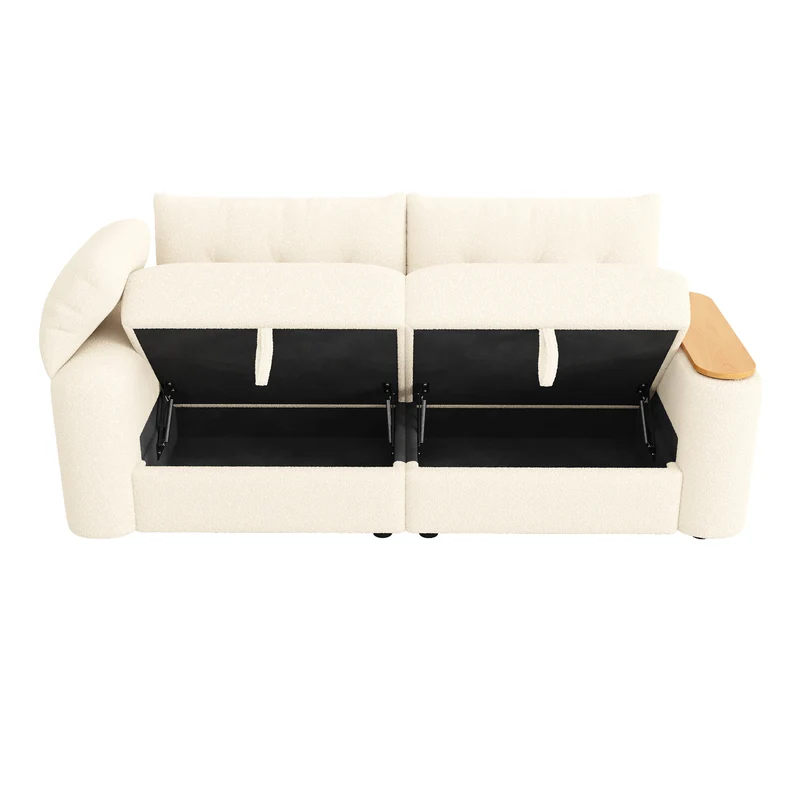 Canapé modulable 2-3 places en bouclé beige avec coffre de rangement et tablette pivotante MYSTICLAM
