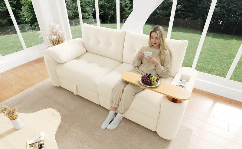 Canapé modulable 2-3 places en bouclé beige avec coffre de rangement et tablette pivotante MYSTICLAM