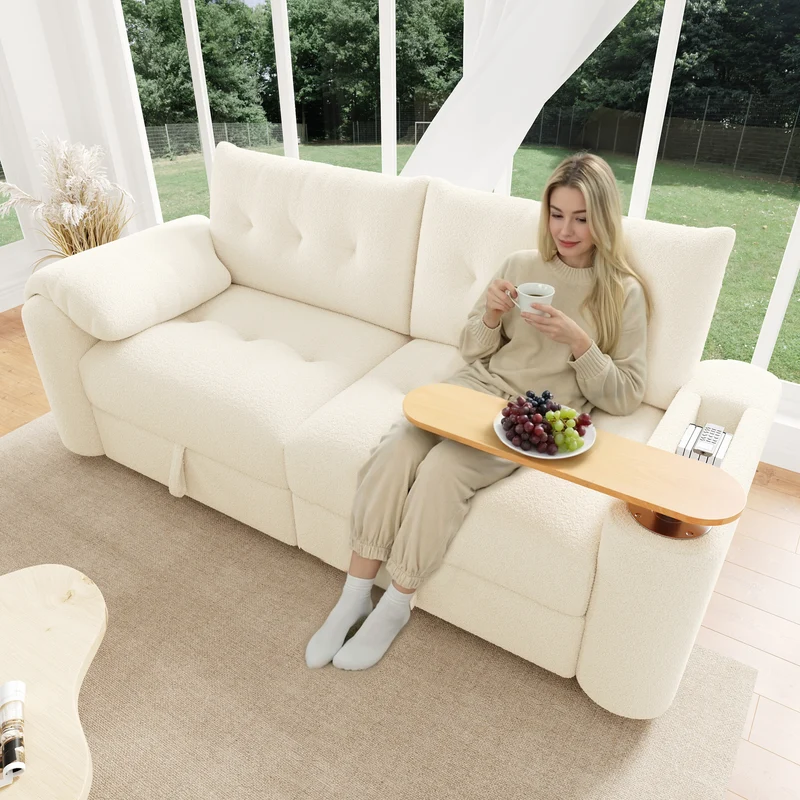 Canapé modulable 2-3 places en bouclé beige avec coffre de rangement et tablette pivotante MYSTICLAM