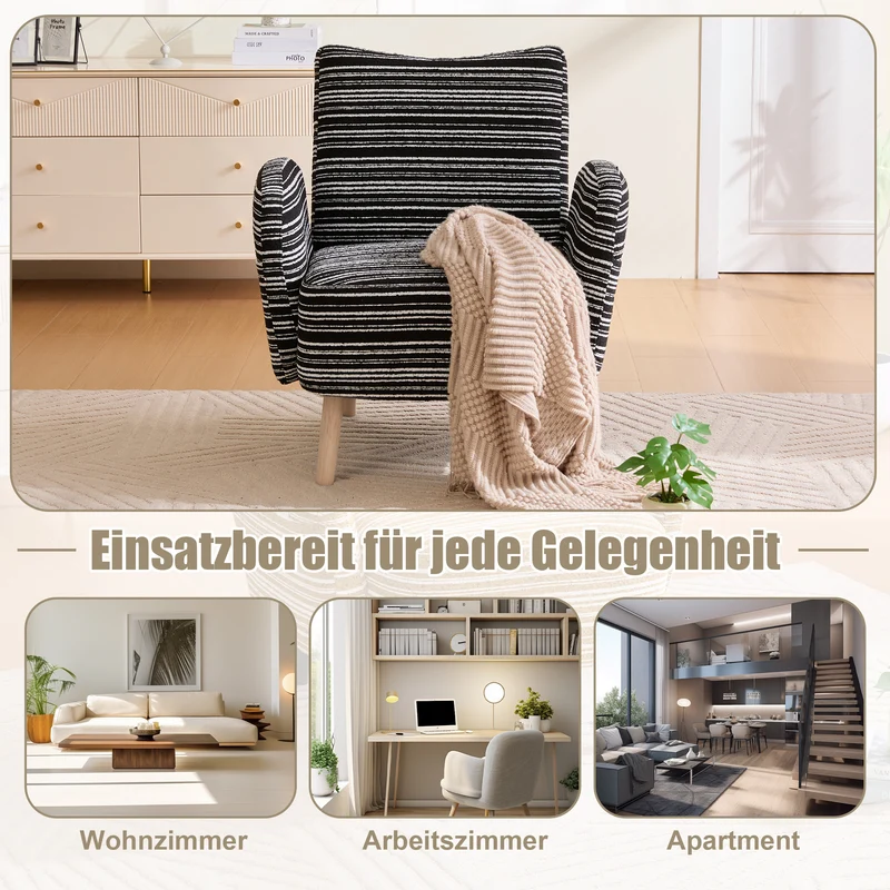Fauteuil vintage en tissu bouclé rayures noir et blanc EMBERRO