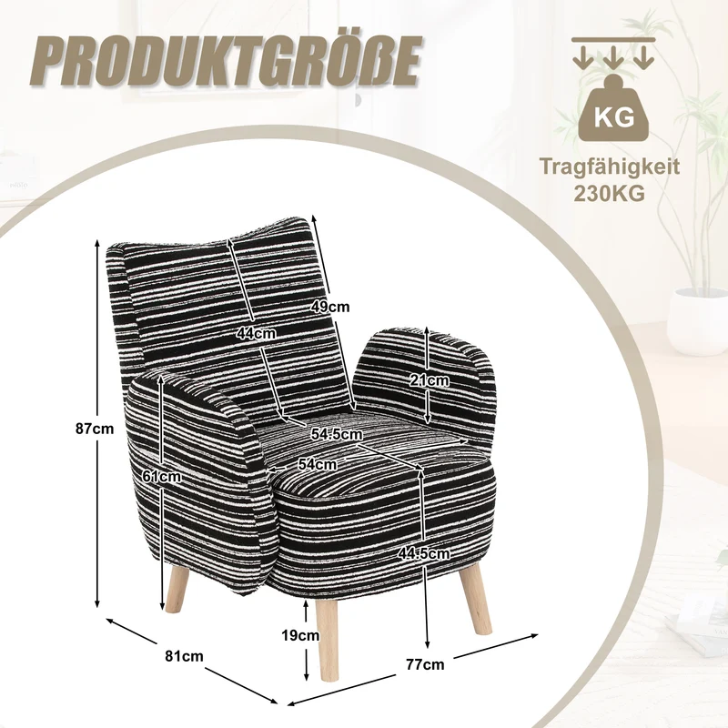 Fauteuil vintage en tissu bouclé rayures noir et blanc EMBERRO