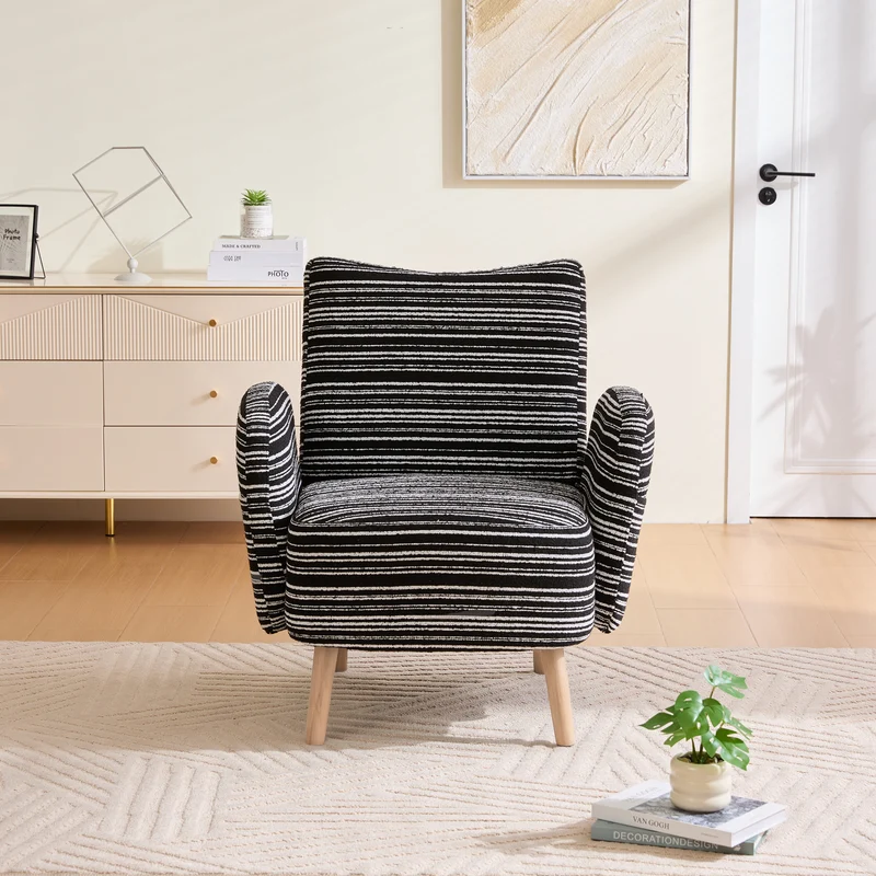 Fauteuil vintage en tissu bouclé rayures noir et blanc EMBERRO