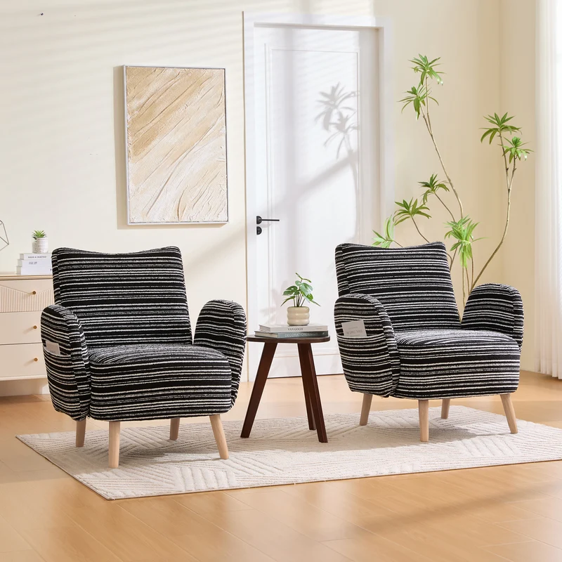 Fauteuil vintage en tissu bouclé rayures noir et blanc EMBERRO