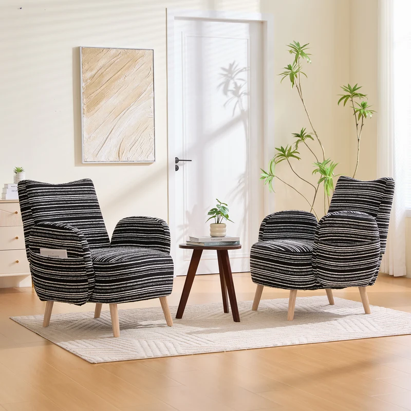 Fauteuil vintage en tissu bouclé rayures noir et blanc EMBERRO