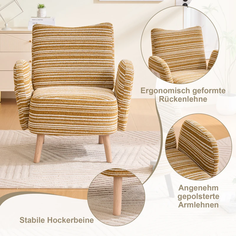 Fauteuil vintage en tissu bouclé rayures jaune moutarde et blanc EMBERELL