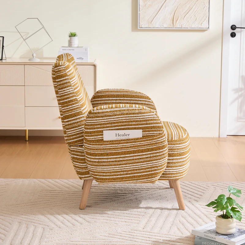 Fauteuil vintage en tissu bouclé rayures jaune moutarde et blanc EMBERELL