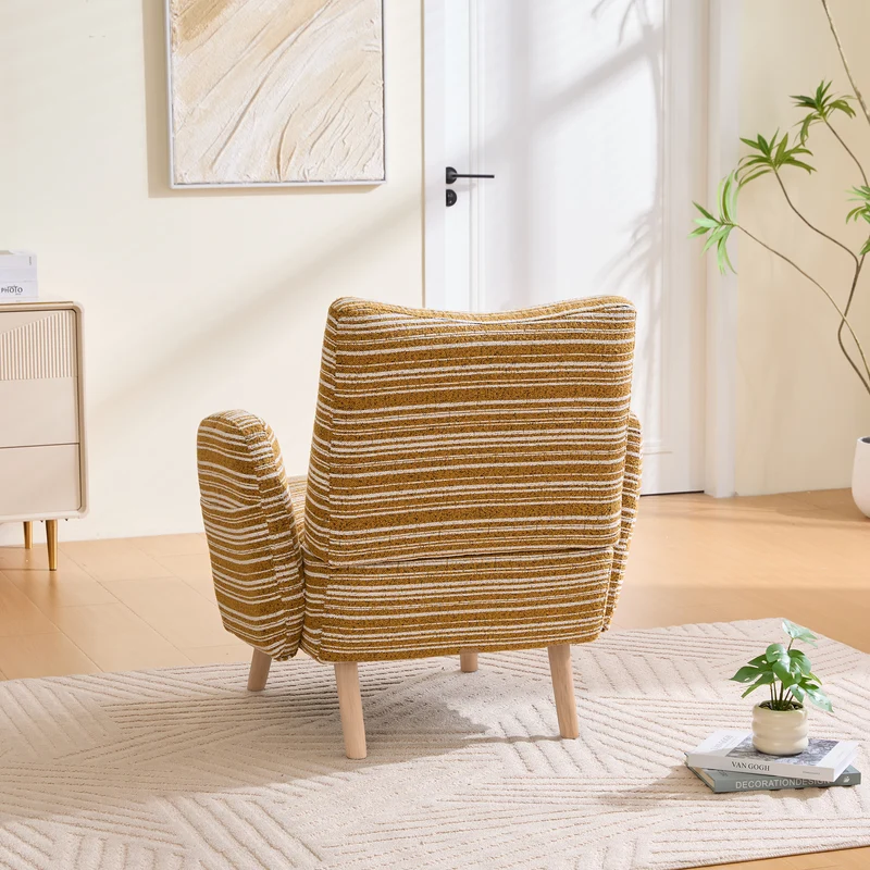 Fauteuil vintage en tissu bouclé rayures jaune moutarde et blanc EMBERELL