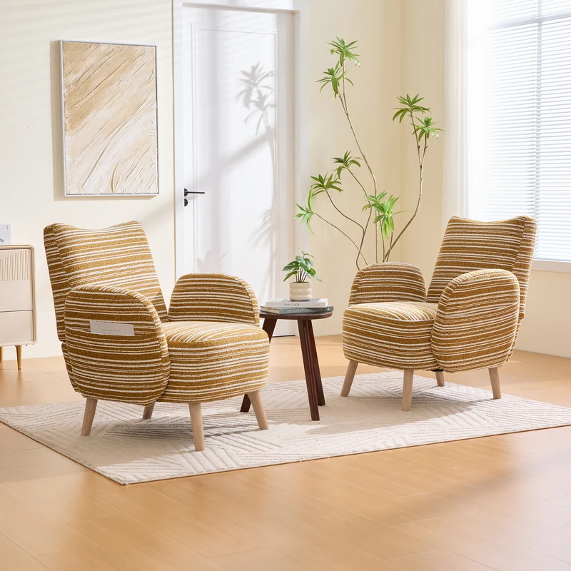 Fauteuil vintage en tissu bouclé rayures jaune moutarde et blanc EMBERELL