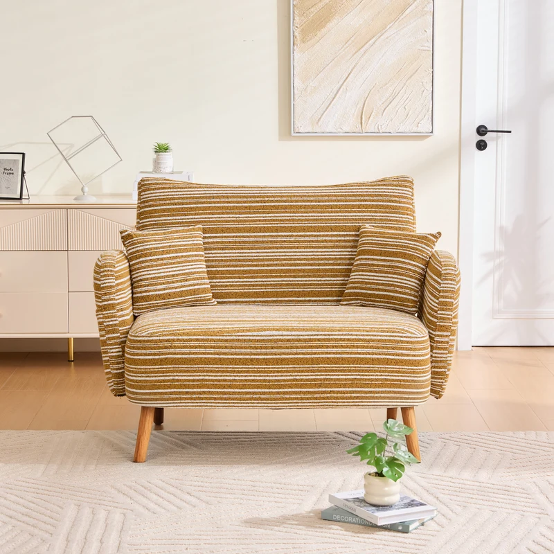 Canapé 2 places en bouclette rayures jaune et blanc et coussins 121x81,5x87cm PRISMEN