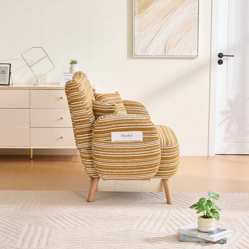 Canapé 2 places en bouclette rayures jaune et blanc et coussins 121x81,5x87cm PRISMEN