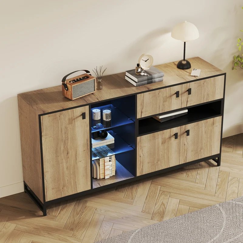 Buffet industriel effet bois et noir, verre trempée, éclairage LED 160x40x84,5cm NOBLEION