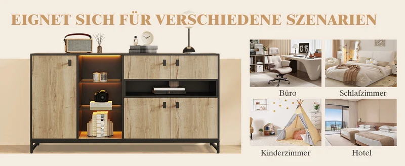 Buffet industriel effet bois et noir, verre trempée, éclairage LED 160x40x84,5cm NOBLEION